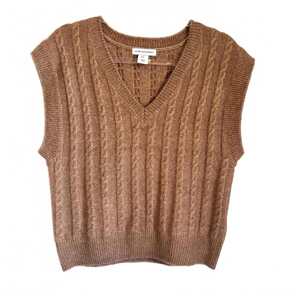 Cupcakes & Cashmere | Women’s V Neck Cable Knit Camel Sweater Vest Size S